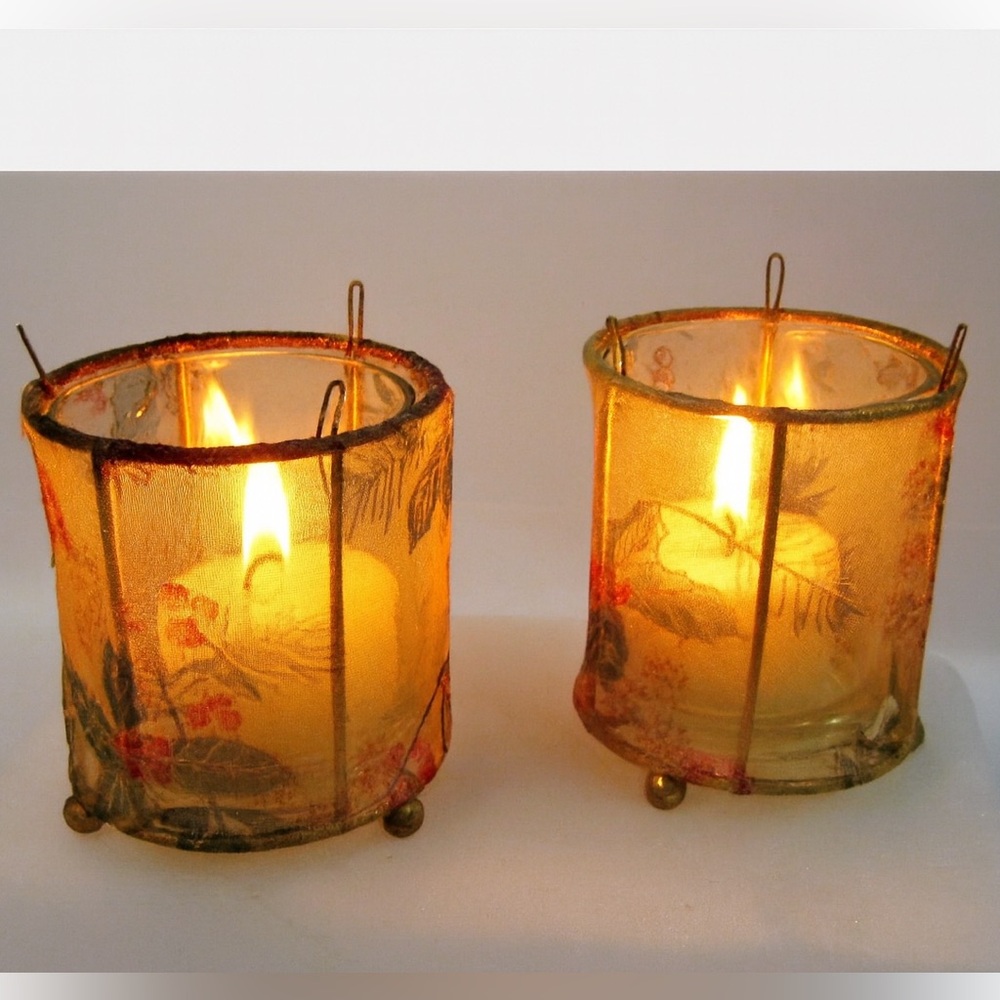 Gold Holly Fabric covered Christmas Holiday Votive Tealight Candle Holder Set